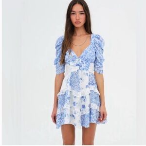 For Love and Lemons Rosalyn Floral Mini Dress in Blue Sz L
